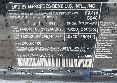 2011 Mercedes-Benz Ml 63 Amg 4Matic from USA, damaged, VIN 4JGBB7HB3BA654775